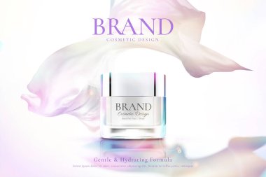 Tazeleyici yüz kremi için reklam şablonu, 3D resimli uçan gökkuşağı şifonuyla ürün modeli