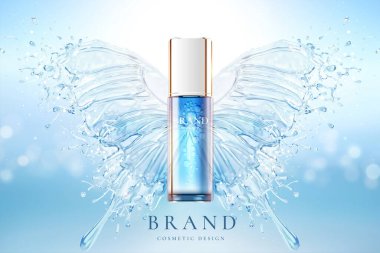 Kozmetik şişesi suyun üstünde Kelebek tasarımı mavi arka planda 3D resimde