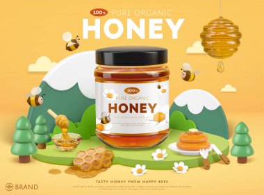 Şirin arılar ve minyatür doğal dağ manzaralı organik bal reklam şablonu, karikatür 3D resimleme