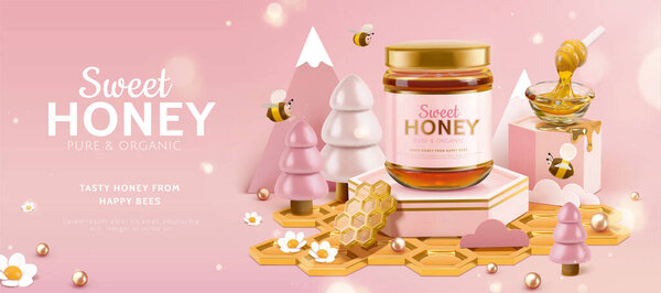 Organic honey ad banner with cute bees and pink miniature forest scene in cartoon design, 3d illustration