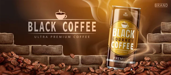 プレミアムブラックコーヒー豆の広告デザイン3Dイラストでローストコーヒー豆と壁 — ストックベクタ