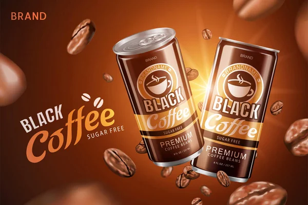 Zuckerfreie Schwarze Kaffee Promo Design Illustration Mit Gerösteten Kaffeebohnen Fliegen — Stockvektor
