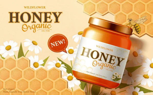 Organic Honey Product Honeybee Illustration Honeycomb Wildflowers Design Background Royalty Free Stock Illustrations