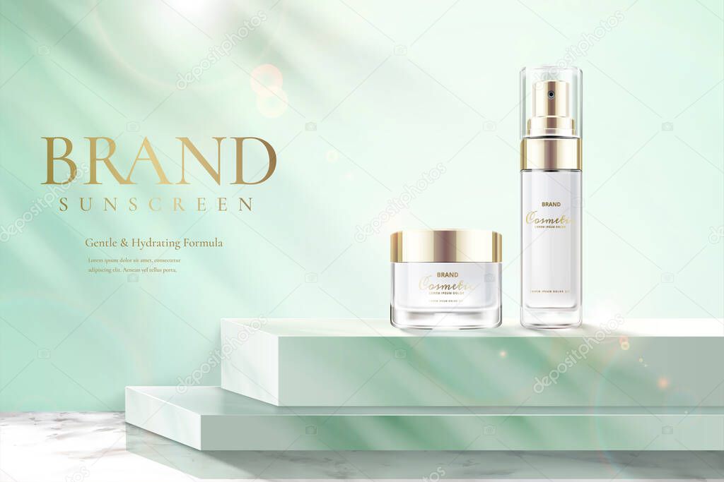 Ad template for simple skin care product, product mock-ups set on green square podium in 3d illustration