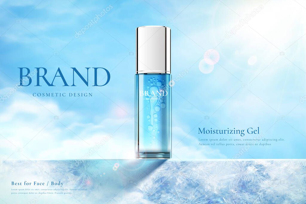 Ad template for summer skincare product, bottle mock-up set on blue frozen platform in 3d illustration, concept of after sun cooling