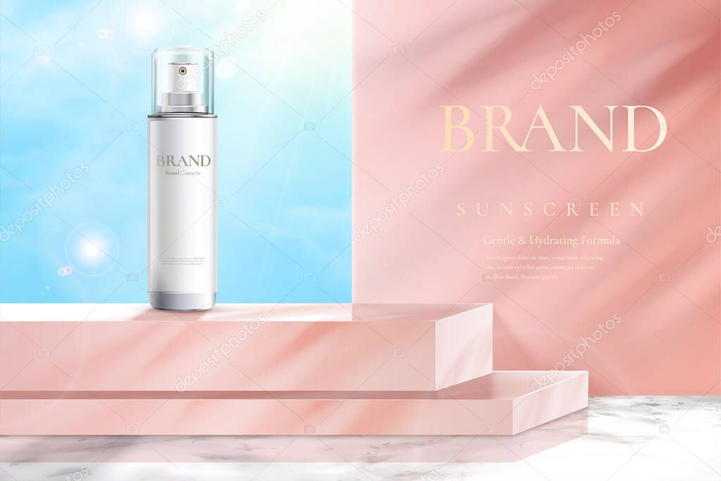 Ad template for beauty product, feminine concept, bottle mock-up set on pink square podium in 3d illustration