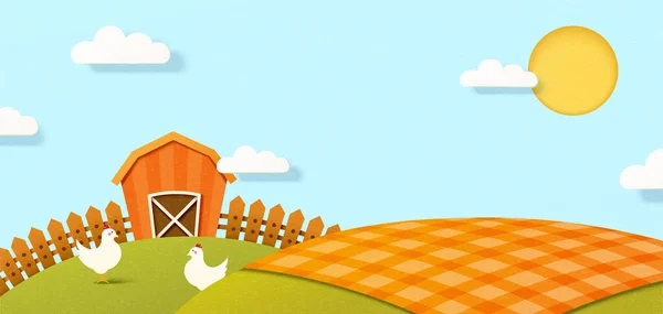 夏の日に3Dペーパーアートファームシーン 晴れた日に納屋を背景に農場で鶏 — ストックベクタ