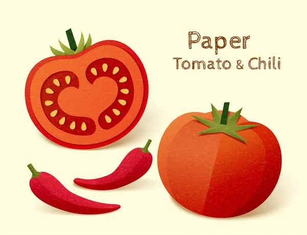 Papier Tomaat Chili Voedselingrediënt Design Element Lichtgele Achtergrond — Stockvector