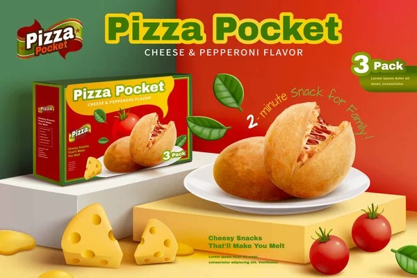 比萨饼口袋广告模板 盒子和食物模型设置在五颜六色的论坛上 3D插图 — 图库矢量图片