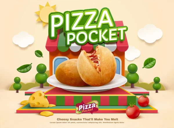 Pizzatasche Templpate Mit Food Attrappe Auf Miniatur Restauranthintergrund Illustration — Stockvektor
