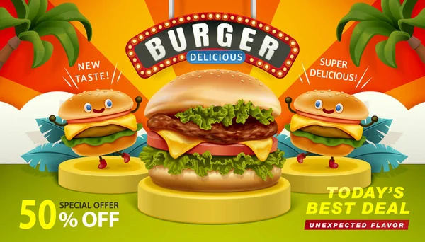 Köstliches Burger Werbebanner Illustration Mit Drei Burgern Auf Dem Podium — Stockvektor