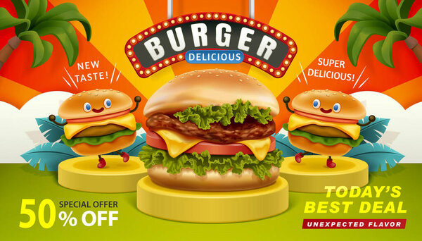 Delicious burger ad banner in 3d illustration with three burgers on podium against colorful tropical background
