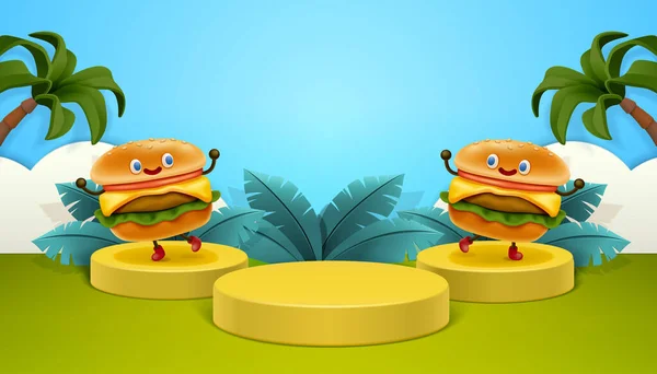 Рекламный Плакат Иллюстрации Двумя Гамбургерами Трибуне Тропическом Фоне — стоковый вектор