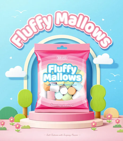 Fluffy Marshmallows Promo Advertentie Illustratie Pakket Van Marshmallows Een Podium — Stockvector