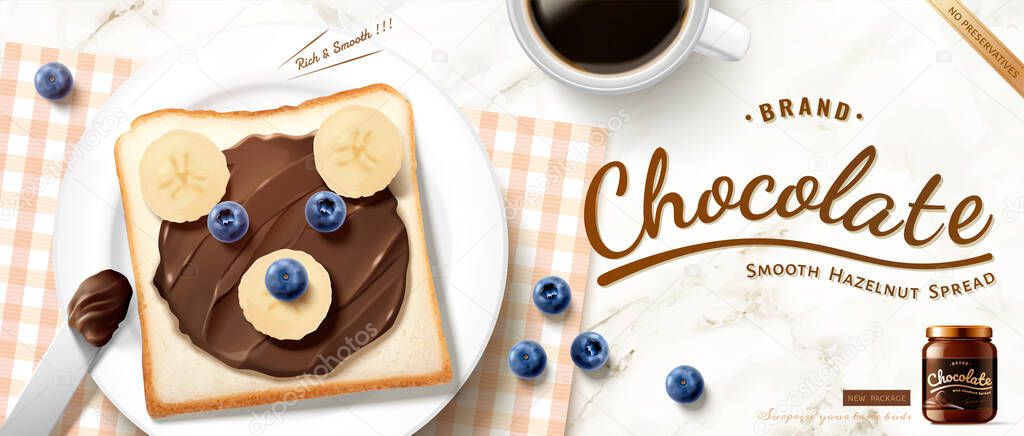 Creative chocolate spread ad in 3d illustration, healthy breakfast with bear shaped chocolate toast and fresh fruit