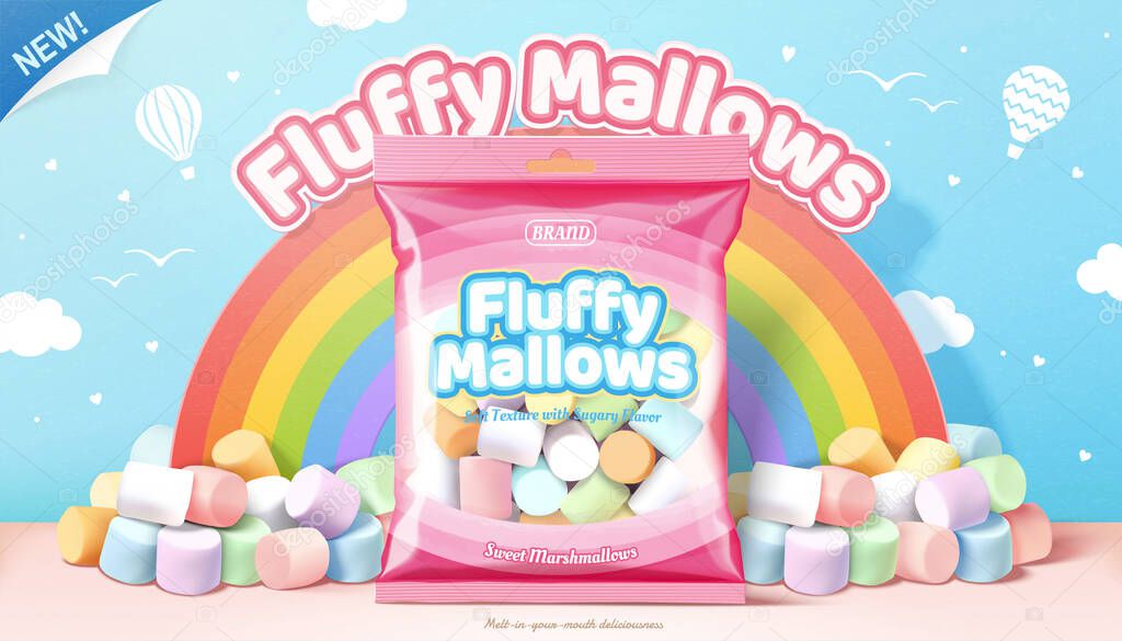 3d illustration ad of fluffy marshmallows, package of marshmallows against rainbow in blue sky