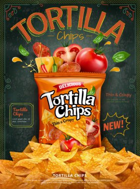 Tortilla mısır cipsi reklamı, karatahta arka planında bir yığın fiş, 3 boyutlu resimde klasik retro tasarım.