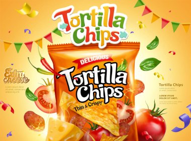 Tortilla mısır cipsi reklamı. Sarı arka planda taze malzemeler, 3 boyutlu illüstrasyon.