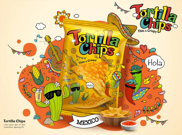 Tortilla Majs Chip Väska Illustration Annons Design Med Söta Tecknade — Stock vektor