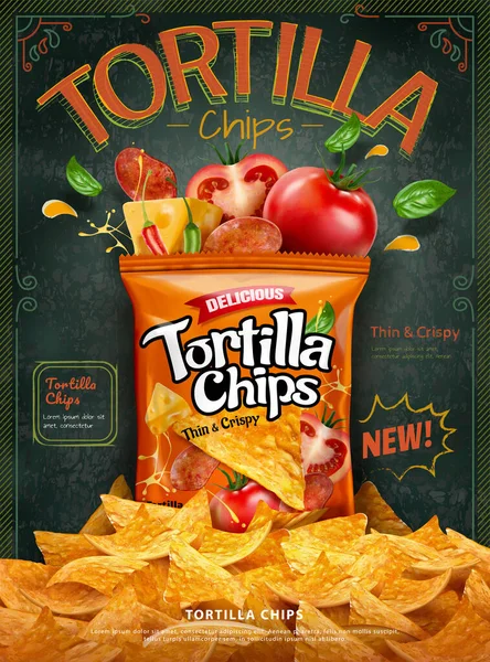 Anúncio Chips Milho Tortilla Com Uma Pilha Chips Fundo Quadro — Vetor de Stock