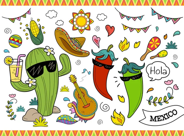 귀여운 삽화들 멕시코 문화의 백인들의 배경에 고립되어 — 스톡 벡터