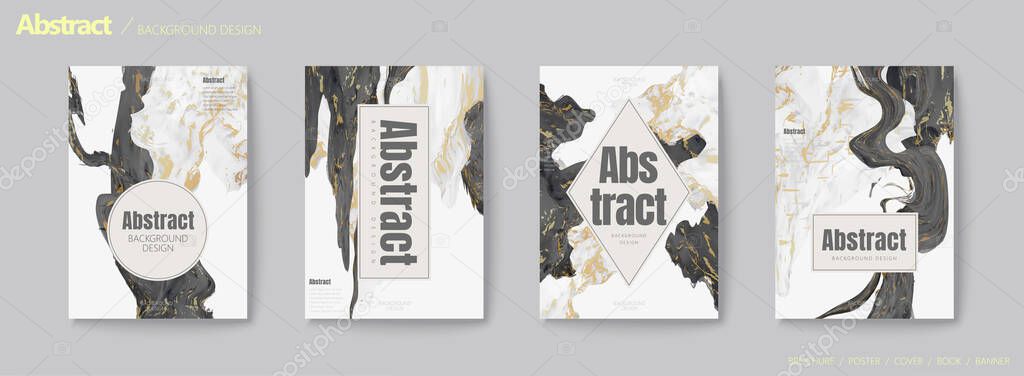 Natural luxury marble effect flyer set, grey, black and golden color with geometric shape copy space