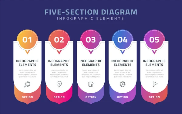 Five Section Diagram Infographic Elements Five Banner Options Blue Background — Stock Vector