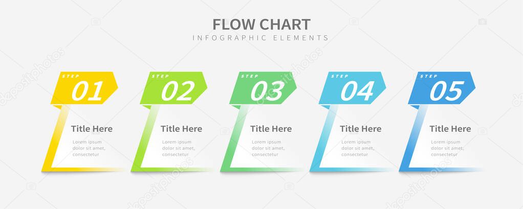 Flow chart infographic elements, five colorful banner options.