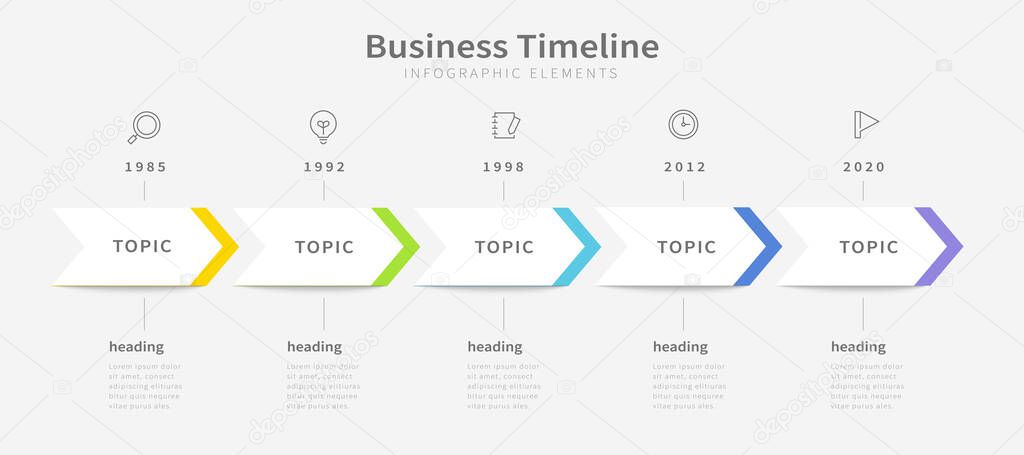 Business timeline infographic design, five paper arrows placed in horizontal row with icons on top.