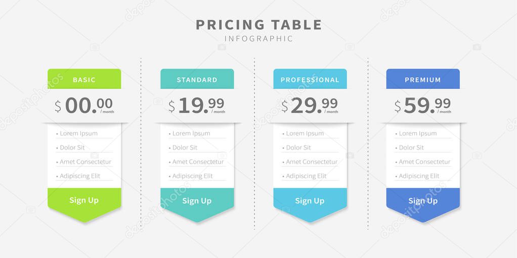 Web pricing table template for business plan, comparison of services infographics. 