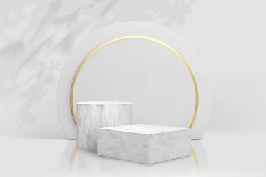 Ürünleri üç boyutlu resimlerle sergilemek için zarif beyaz podyumlar