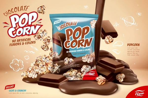 Chocolate Popcorn Ads Pouring Liquid Chocolate Popcorns Chocolate Pieces Design — Stock Vector