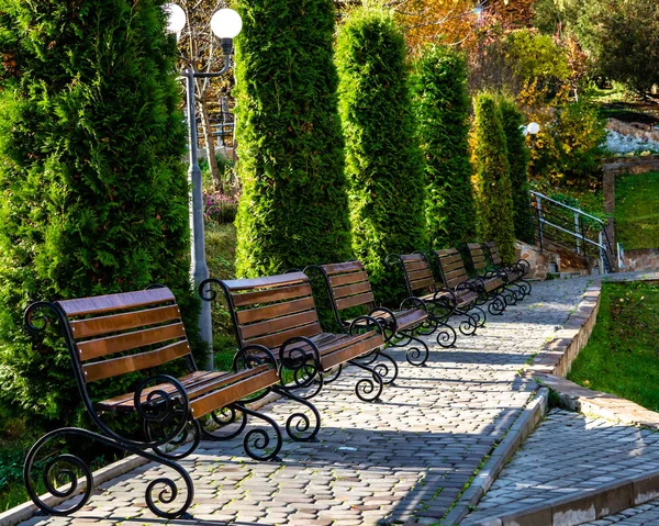 Şehir parkları sonbaharda. Sonbahar renkleri. Park banklar.