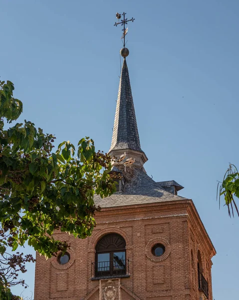 Alcala De Henares, İspanya: Güneş Pazar sabahı bir mahkeme binası çatı üzerinde leylek Yuvası.