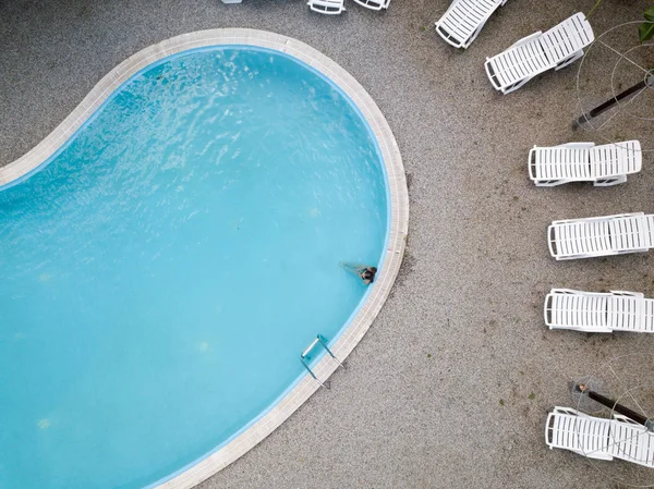 Aerial View Young Girl Black Swimsuit Blue Swimming Pool White — Stock Photo, Image