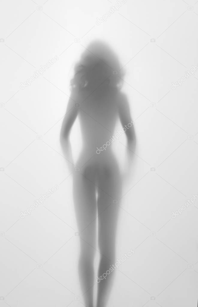 Beautiful and sexy, slim woman body shape can be seen from behind through a diffuse textile surface.