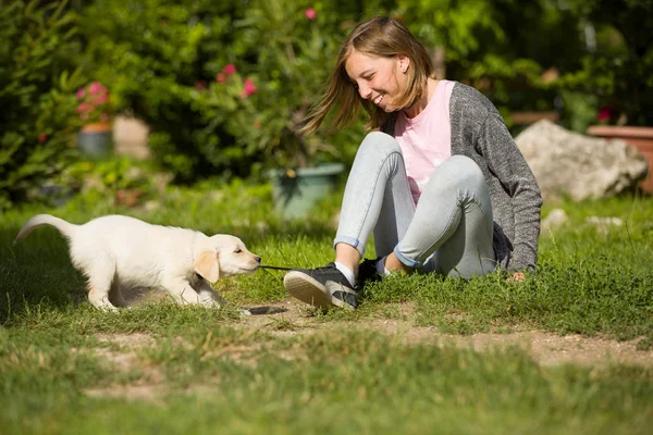 若い女の子は 庭で非常に若いゴールデンレトリーバー子犬犬と遊びます 小さなペットは彼女の紐を引っ張る — ストック写真