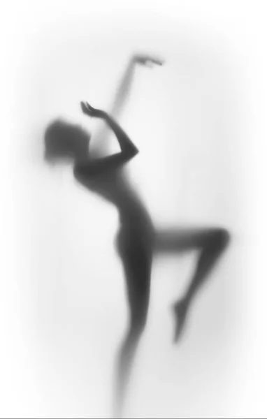 Belle Silhouette Danseuse Sexy Corps Parfait Derrière Une Surface Diffuse — Photo