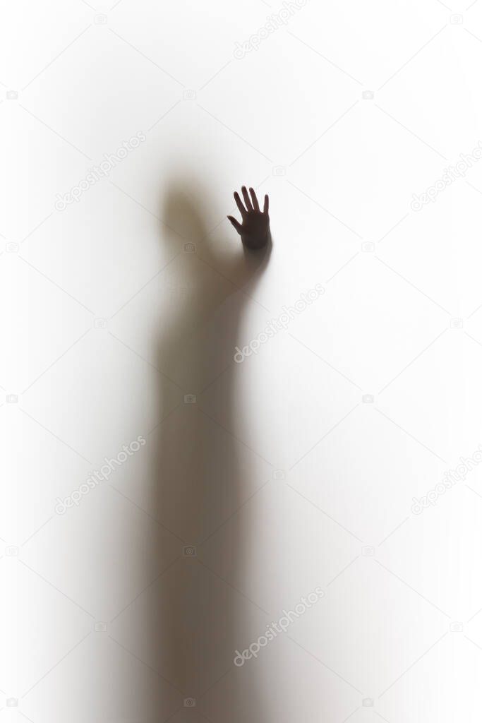 Diffuse silhouette of a human body, sharp hand and finger shadow.