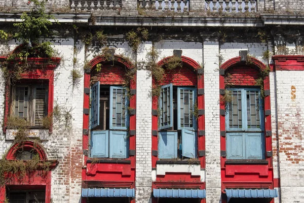 Wooden Windows Old Stone Wall Yangon Myanmar Burma Close — Stock Photo, Image