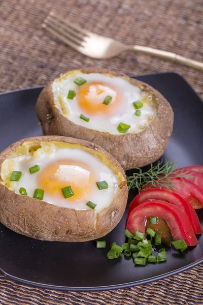 Baked Potatoes Stuffed Cheese Egg Close — Stock Photo, Image