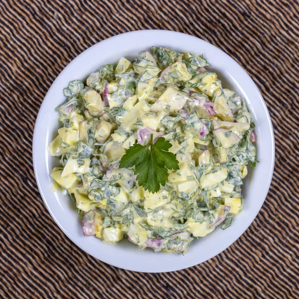 Salad Radish Boiled Egg Parsley Sour Cream White Bowl Healthy — Stock Photo, Image