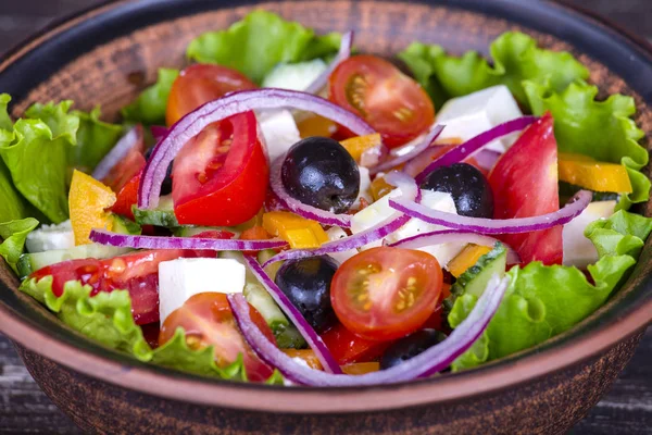 Greek Salad Fresh Vegetables Feta Cheese Black Olives Close — Stock Photo, Image