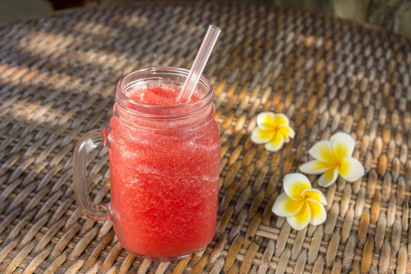 Fresh Organic Watermelon Smoothie Glass Mug Table Close — Stock Photo, Image