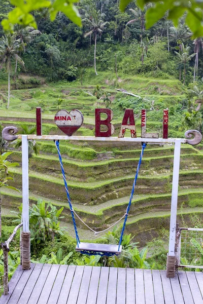 Bali Indonesia Marzo 2018 Inscripción Encanta Bali Columpio Selva Tropical — Foto de Stock