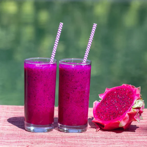 Fresh Smoothies Dragon Fruit Banana Mango Papaya Glass Island Bali — Stock Photo, Image