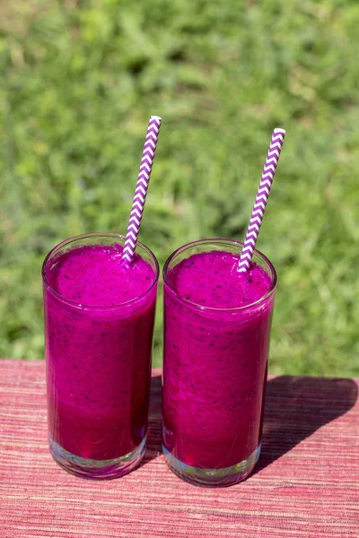 Fresh Smoothies Dragon Fruit Banana Mango Papaya Glass Island Bali — Stock Photo, Image