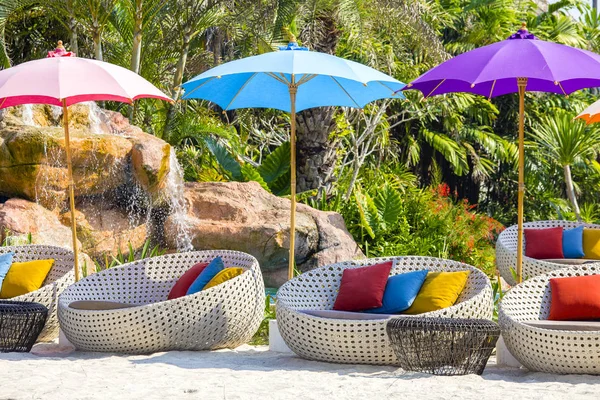 Gyönyörű Strand Uszoda Zöld Pálmafák Rattan Kerevetek Esernyő Egy Trópusi — Stock Fotó