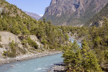 Güzel dağ manzarası Annapurna bölge, Nepal Himalayalar. Nepal yazın güneşli günü. Büyük dağ, mavi nehir ve temiz hava. Eko seyahat