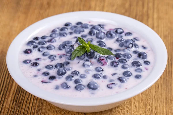 Fresh Ripe Forest Blueberries Sour Cream Honey White Plate Close — Stock Photo, Image